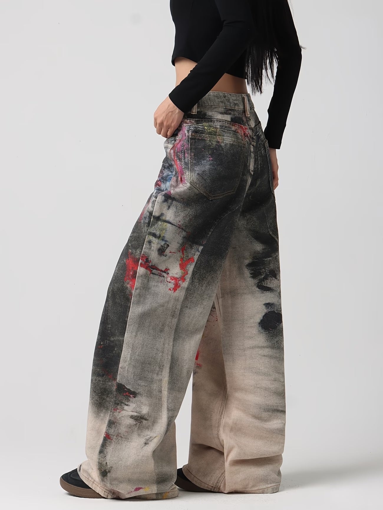 CM-BT057152 Women Casual Seoul Style 2D Graffiti Print Design Wide-Leg Jeans