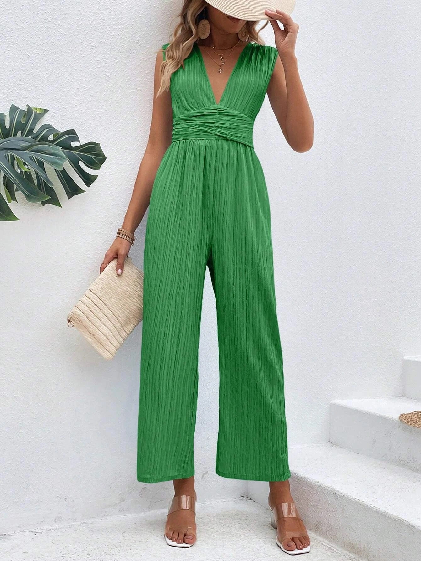 CM-JS794002 Women Casual Seoul Style Plunging Neck Tie Back Wide Leg Jumpsuit - Green