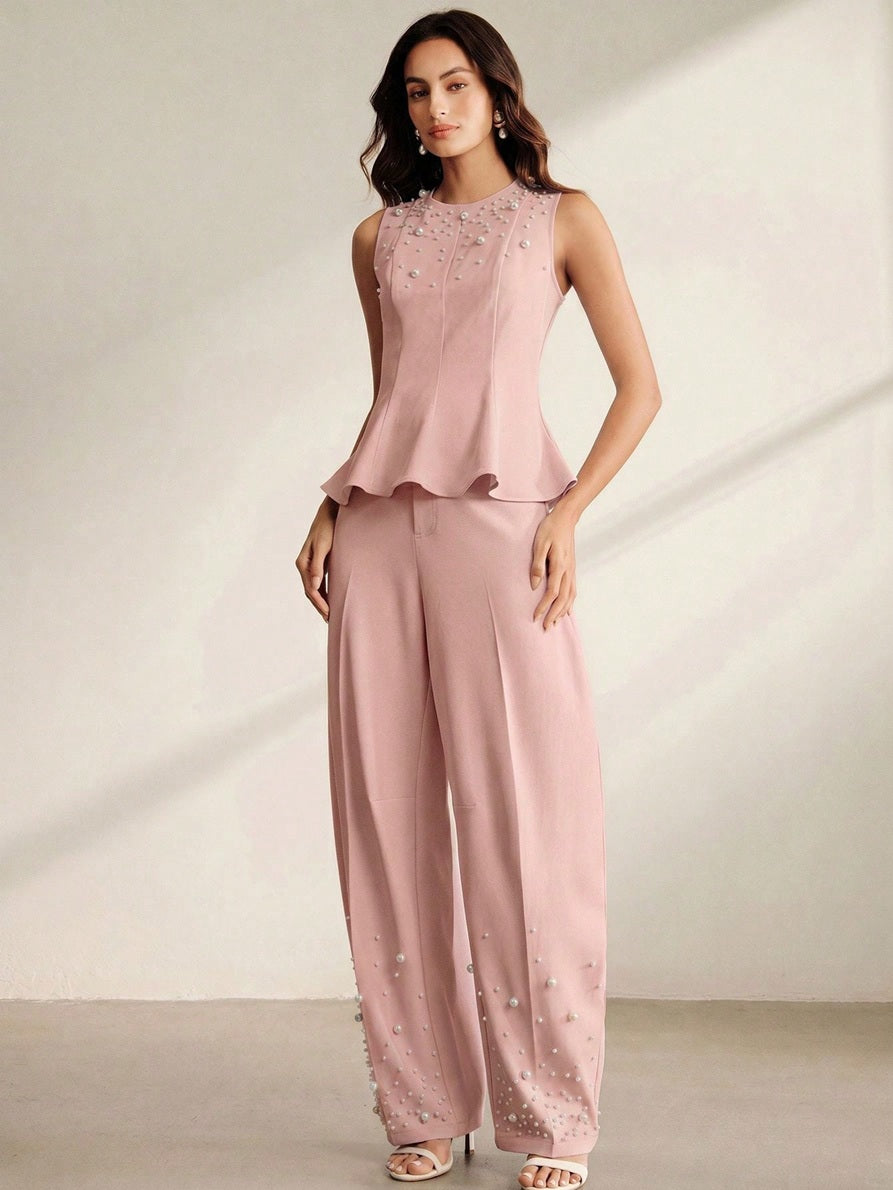 CM-SS652681 Women Elegant Seoul Style Round Neck Sleeveless Beaded Ruffle Hem Blouse With Tapered Trousers - Set
