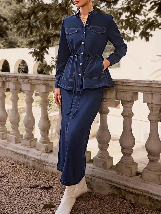 CM-ST579493 Women Elegant Seoul Style Long Sleeve Top With Adjustable Waist Pockets High-Waisted Skirt - Set