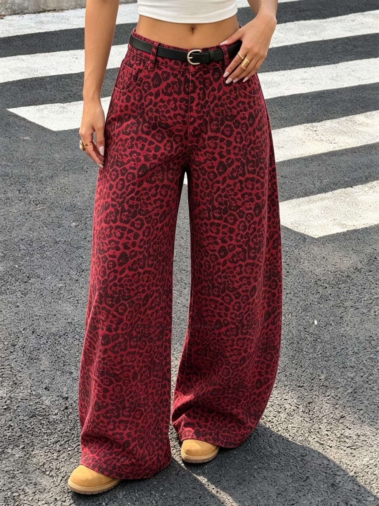CM-BT476951 Women Casual Seoul Style High-Waist Curved-Leg Jeans with Red Base And Black Leopard Print