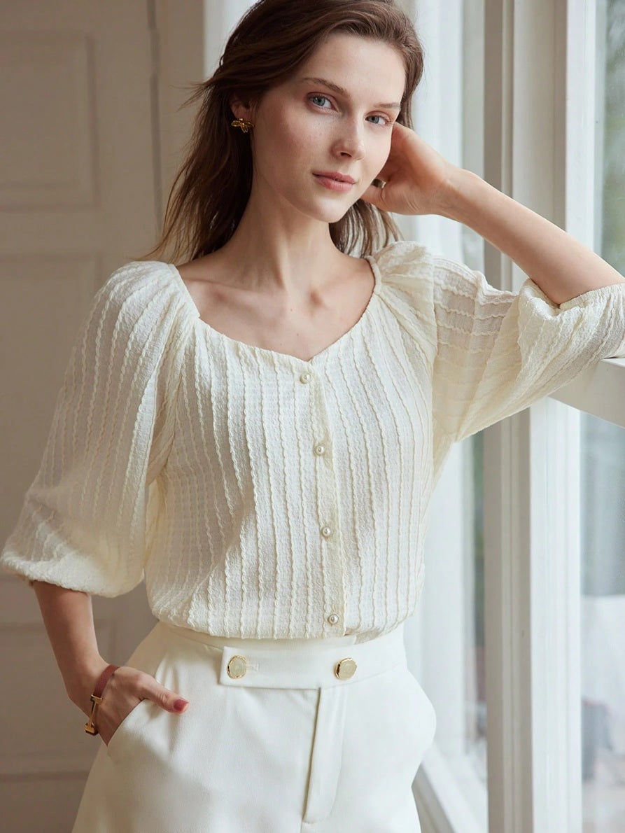 CM-TS406926 Women Casual Seoul Style Sweetheart Neckline Puff Sleeve Faux Pearl Button Top - Apricot