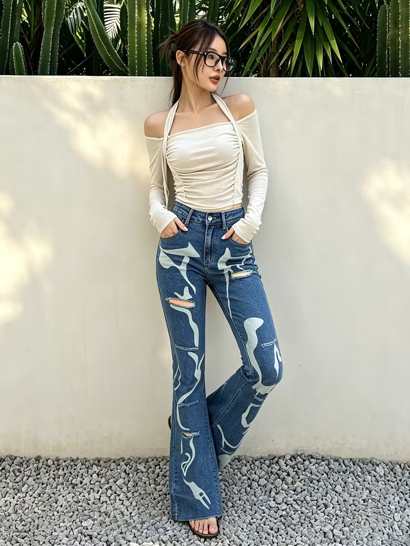 CM-BT791991 Women Casual Seoul Style Mid Waist Graffiti Print Distressed Flare Leg Jeans - Blue