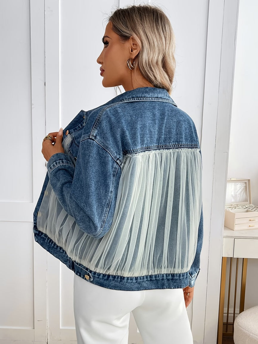 CM-CT494908 Women Casual Seoul Style Collar Neckline Long Sleeve Mesh Patchwork Denim Jacket - Blue