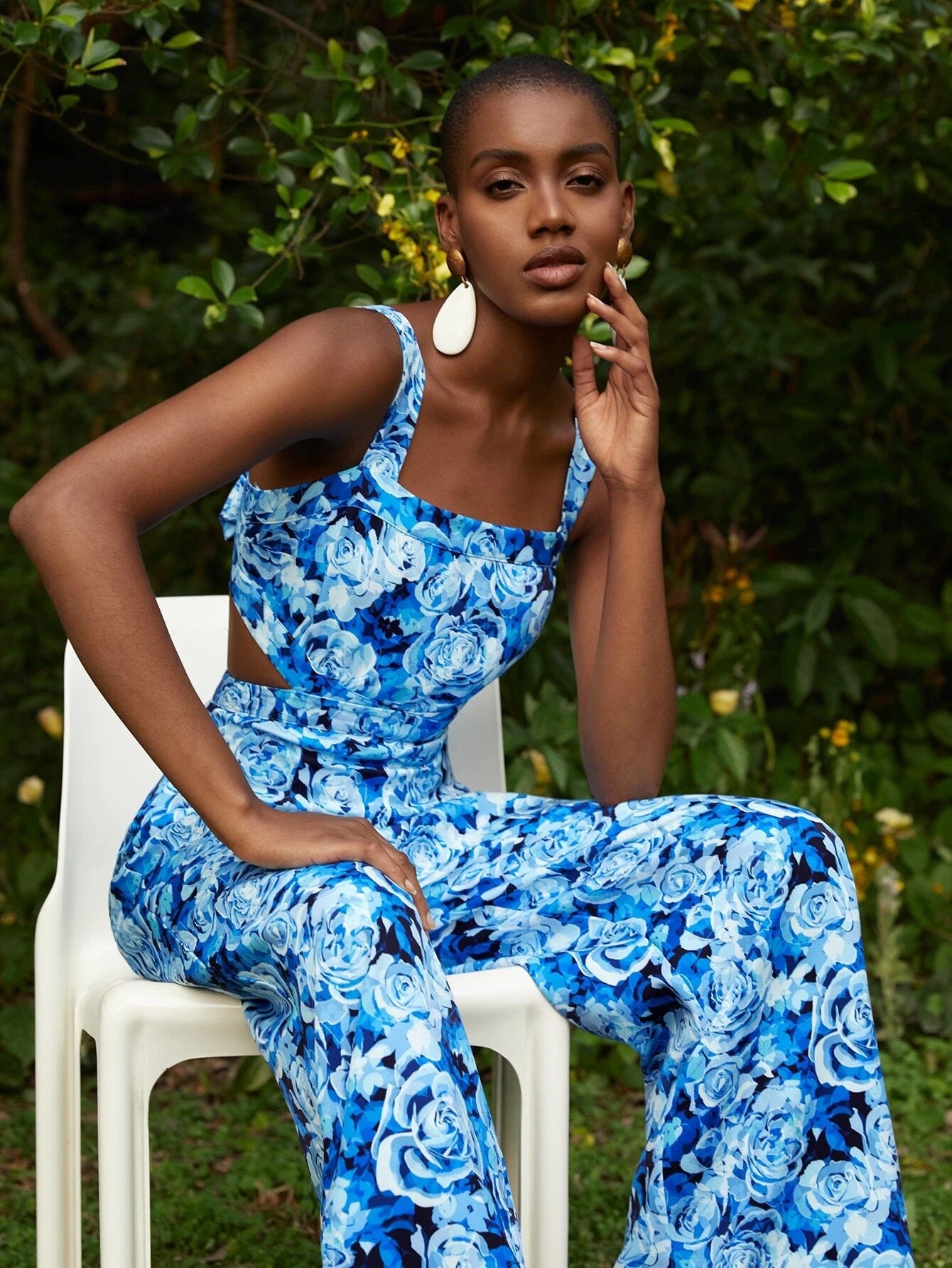 CM-JS067267 Women Casual Seoul Style Allover Floral Print Cut Out Waist Wide Leg Cami Jumpsuit