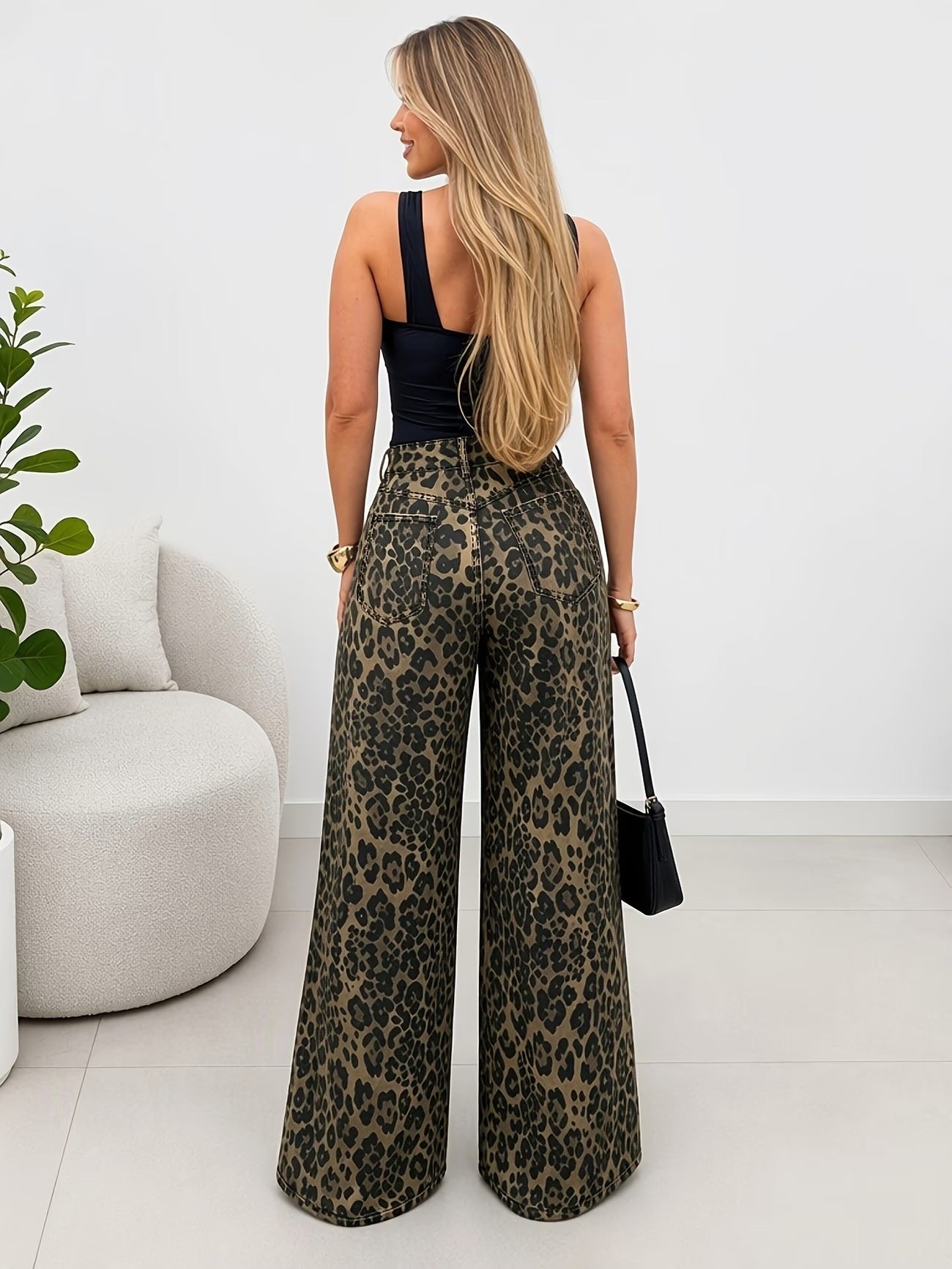 CM-BT026767 Women Casual Seoul Style High Waist Gothic Metal Ring Decor Leopard Wide Leg Jeans