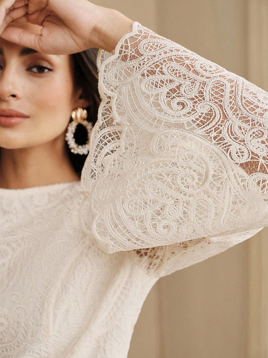 CM-TS165809 Women Elegant Seoul Style Round Neck Lace Bell Extra Long Sleeve Top - Apricot