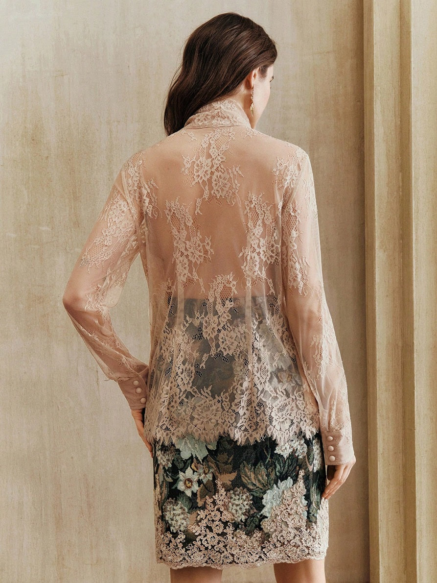CM-SS078354 Women Elegant Seoul Style Tie Neck Lace Long Sleeve Top With Mini Skirt - Set