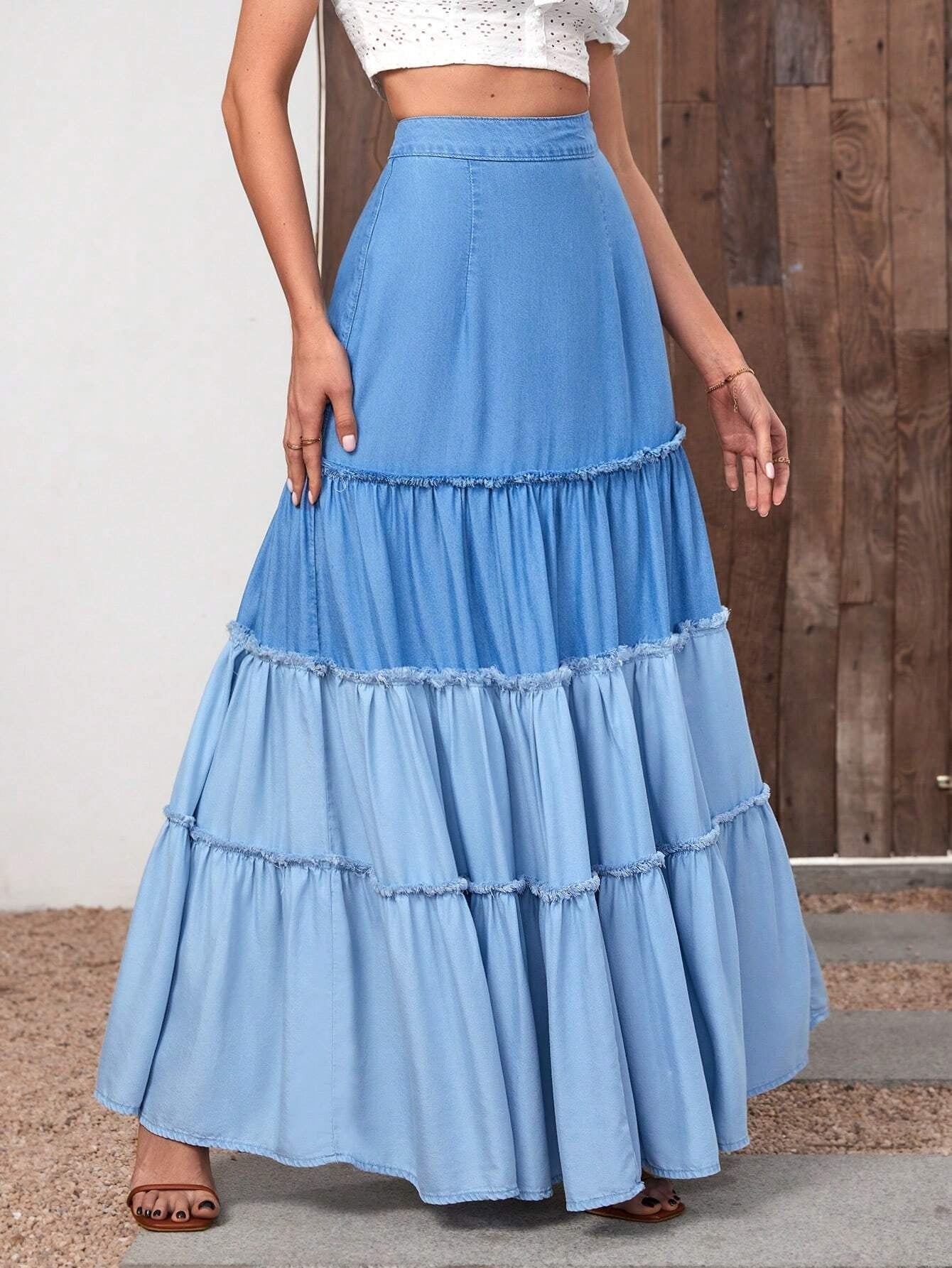 CM-BS286822 Women Casual Seoul Style Medium Wash High Waist Ruffle Hem Denim Skirt