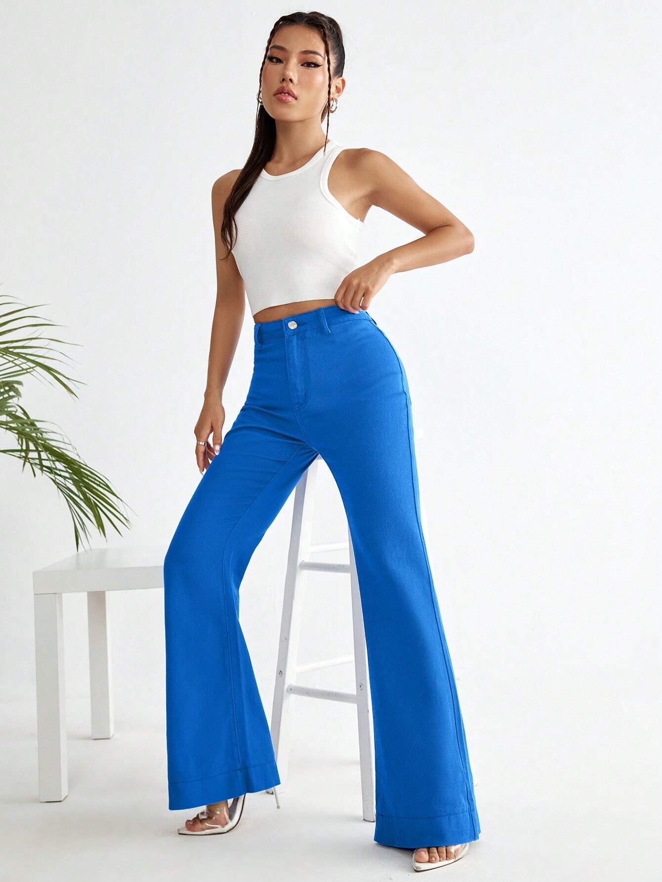CM-BS759005 Women Preppy Seoul Style High Waist Flare Leg Jeans - Blue