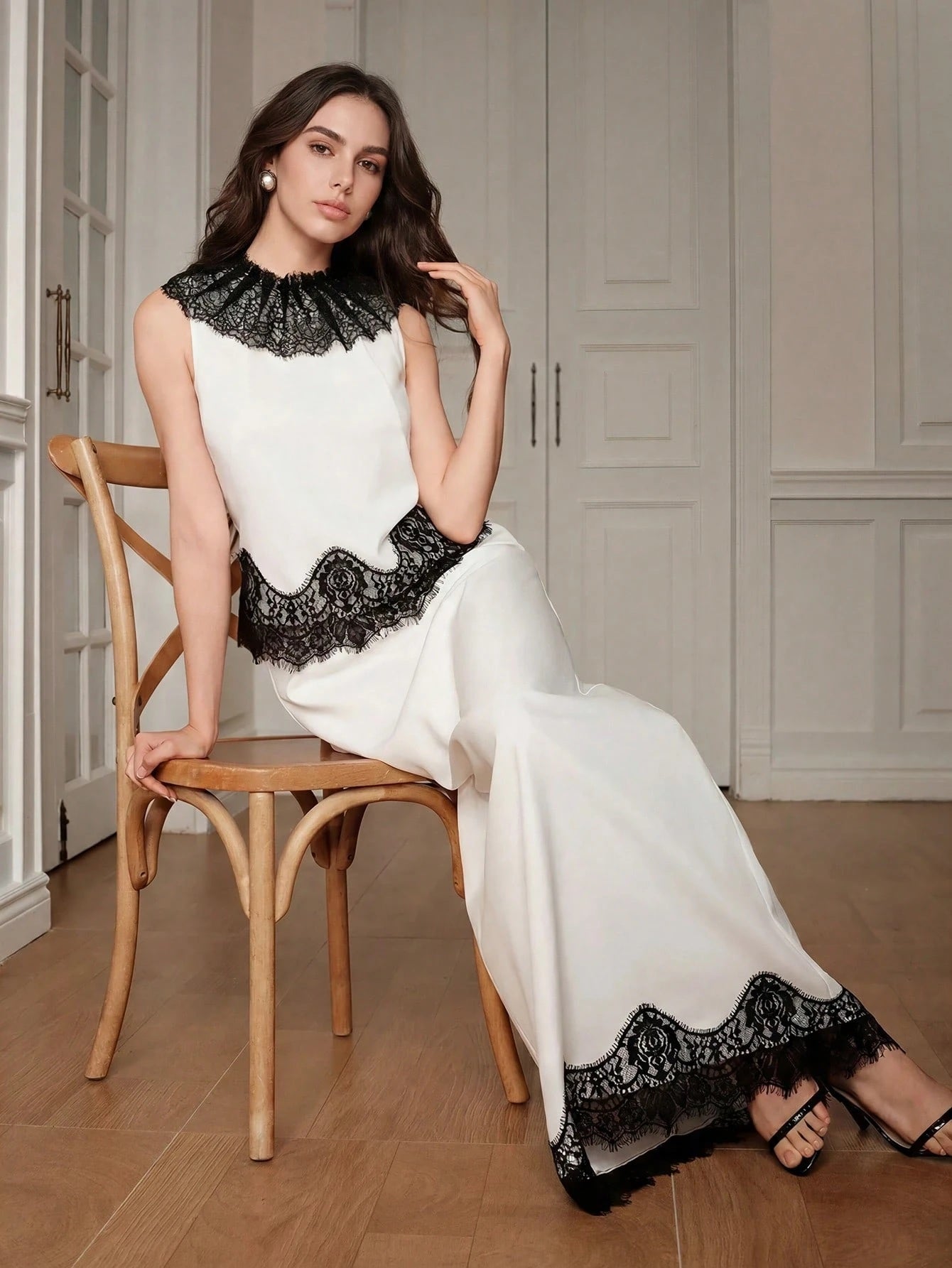 CM-SS166997 Women Elegant Seoul Style Contrast Color Lace Trim Patchwork Sleeveless Top With Maxi Skirt - Set