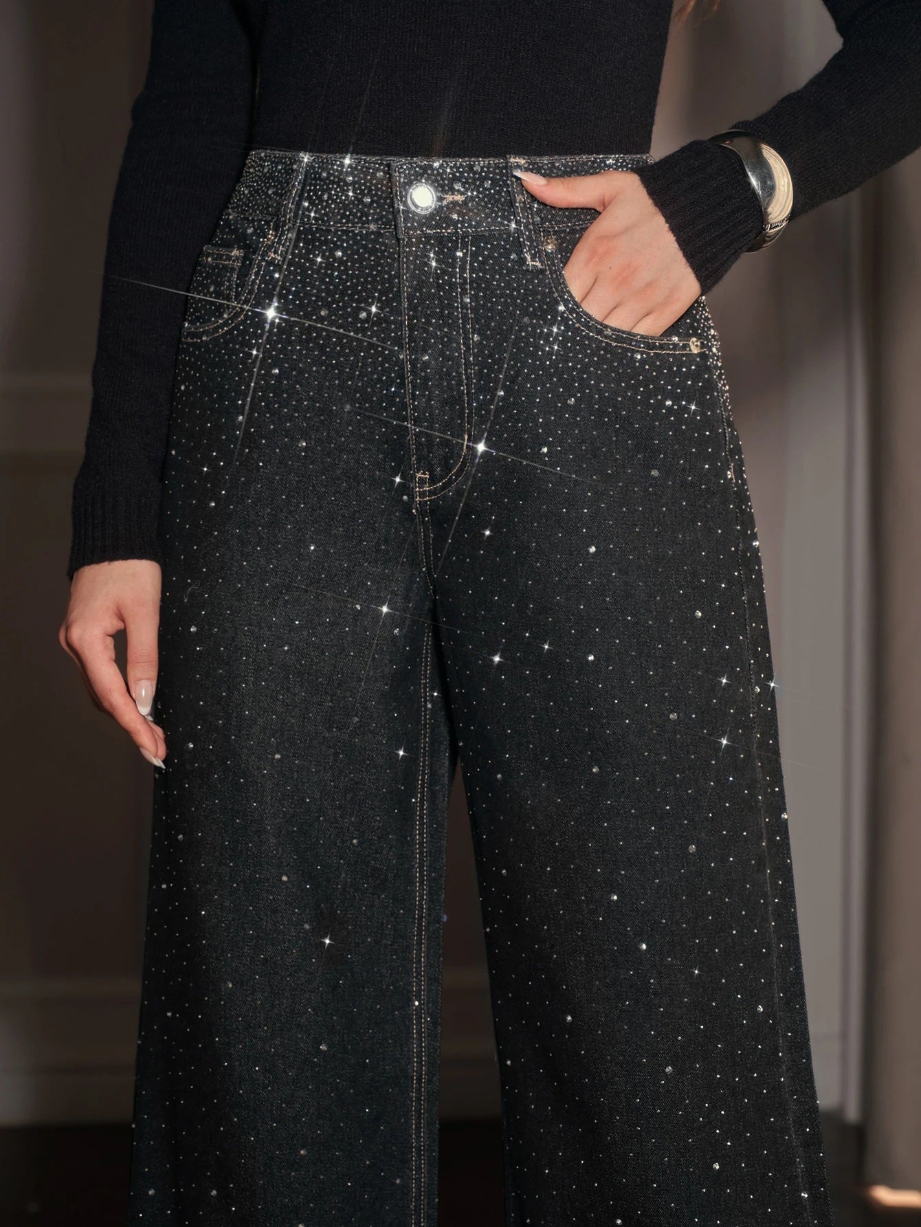 CM-BS792032 Women Elegant Seoul Style Mid Waist All Over Rhinestone Extra Long Wide Leg Denim Jeans - Black