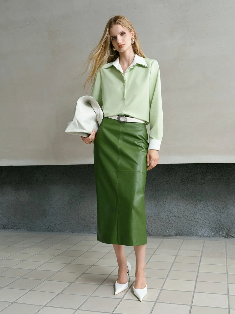 CM-BS339043 Women Elegant Seoul Style Mid Waist PU Leather Elastic Waist Split Hem Skirt - Green