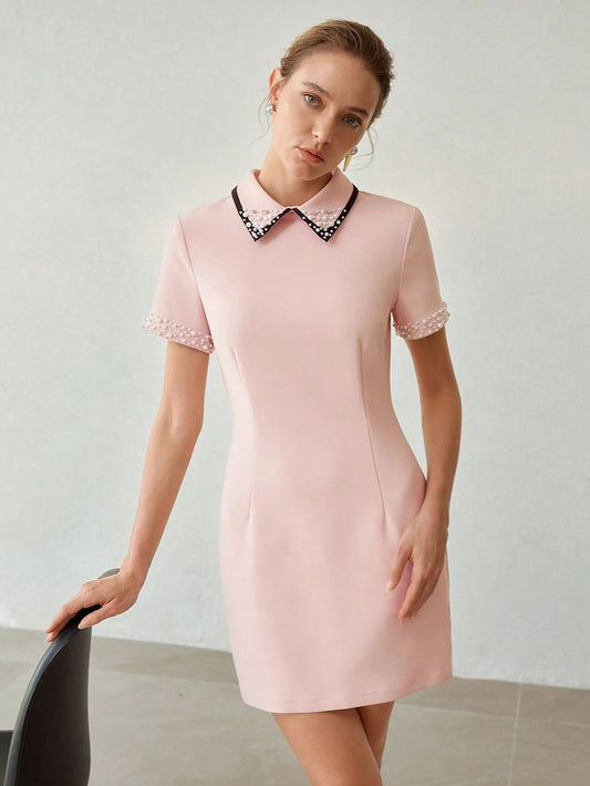 CM-DS438295 Women Elegant Seoul Style Collar Neckline Short Sleeve Minimalist Mini Dress - Pink