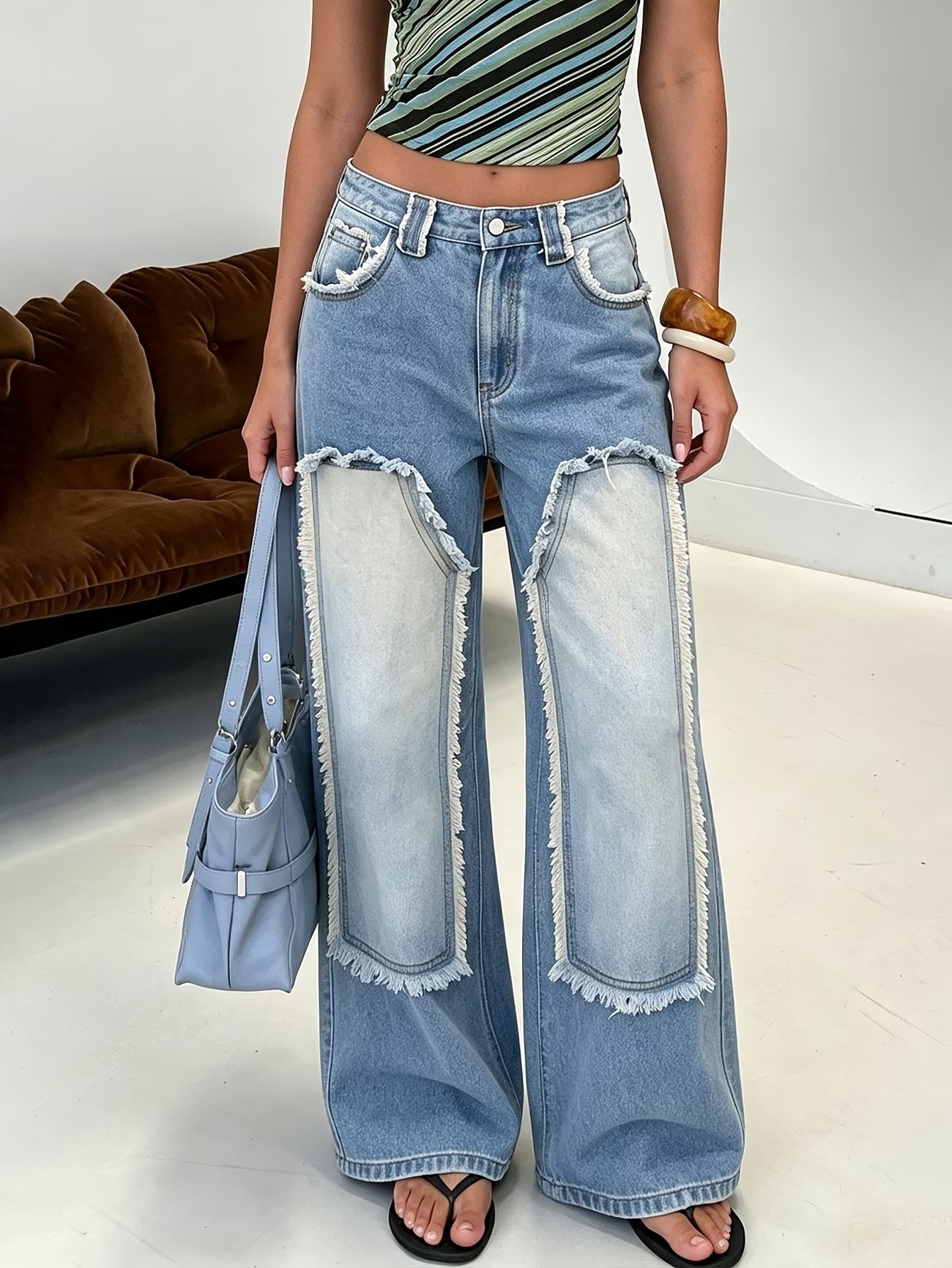 CM-BT023565 Women Casual Seoul Style Frayed Patchwork Raw Edge Panel Wide Leg Jeans