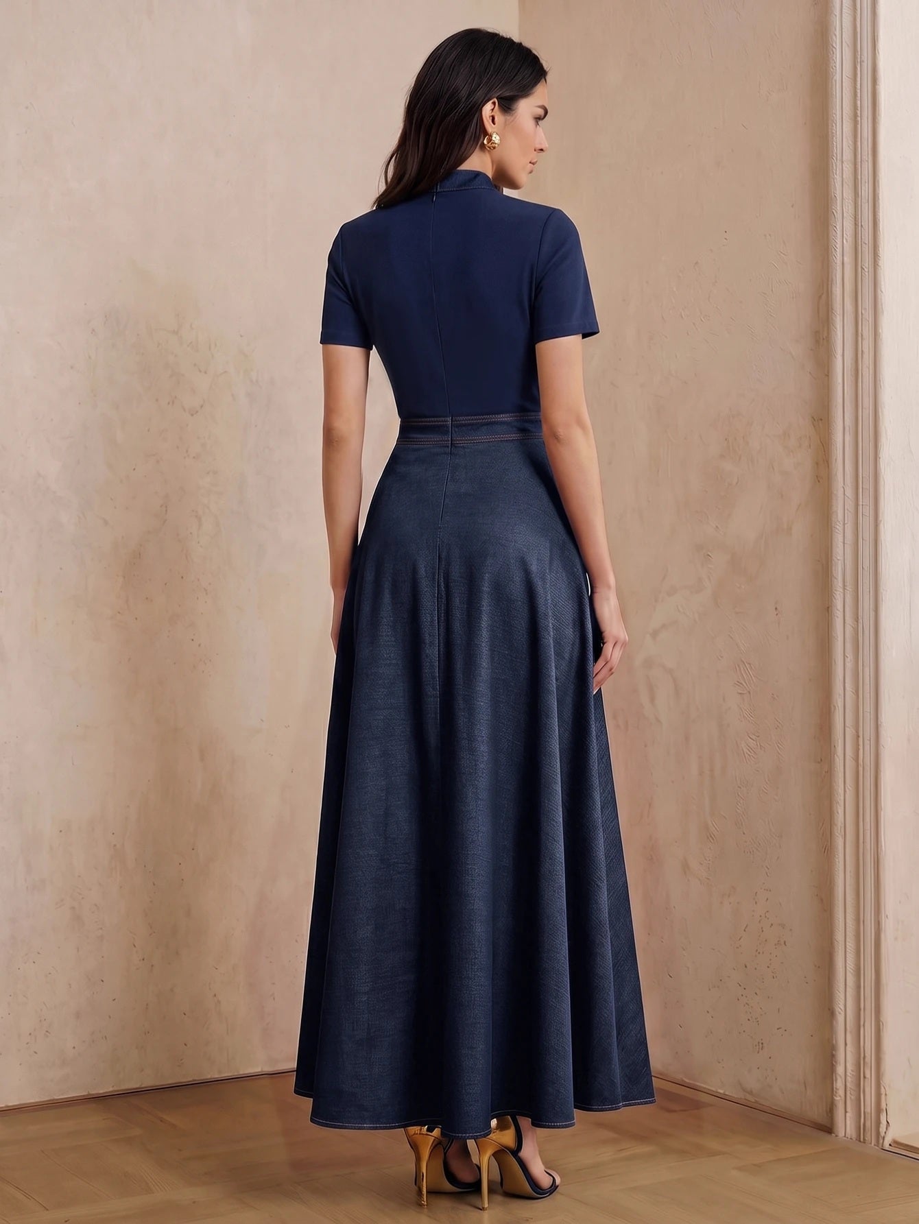 CM-DS813632 Women Elegant Seoul Style Tie Neck Short Sleeve Splice Collar Bow Decor Denim Dress - Navy Blue