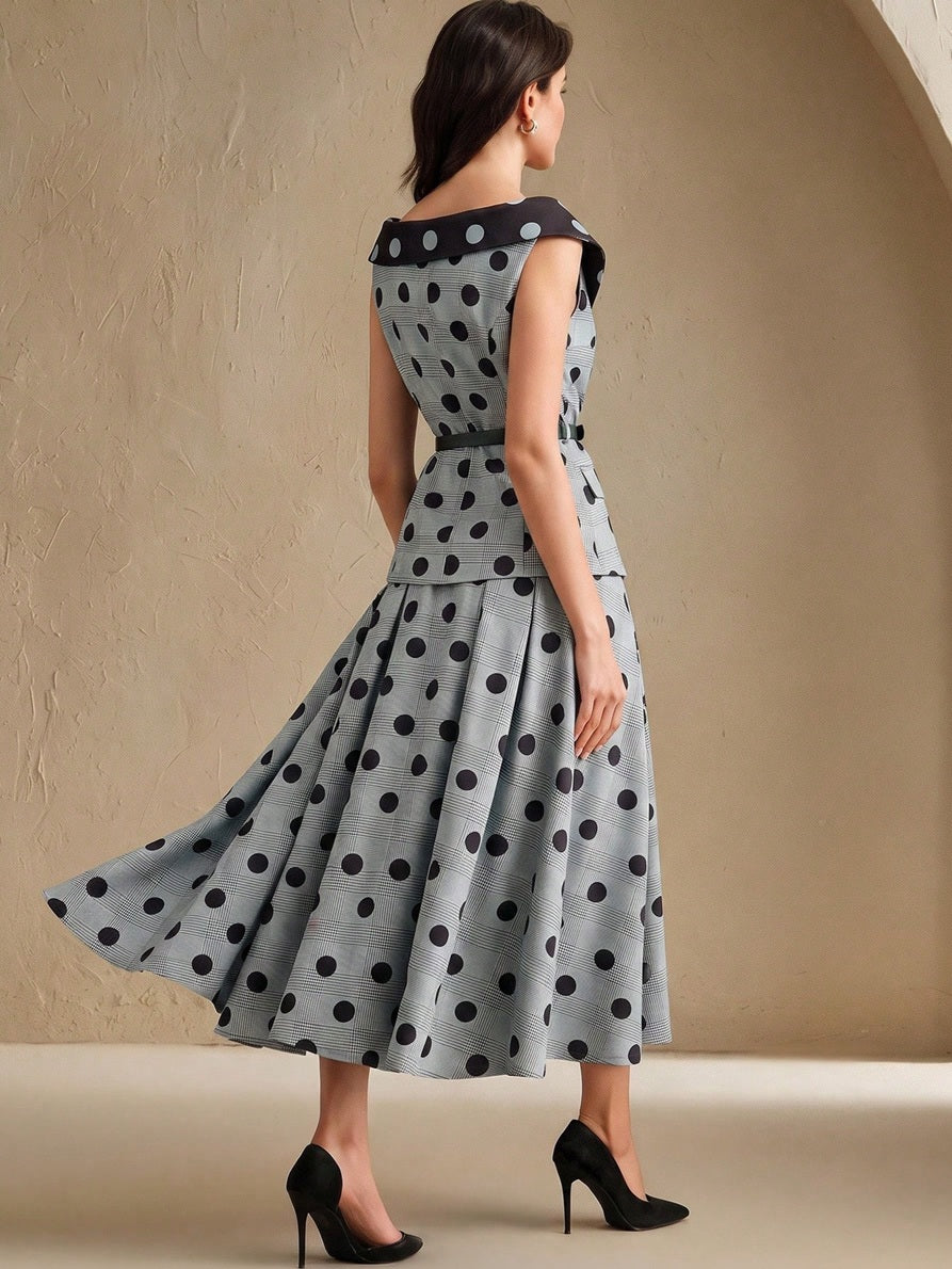 CM-SS819345 Women Elegant Seoul Style Contrast Color V-Neck Sleeveless Polka Dot Print Blouse With Long Skirt - Set