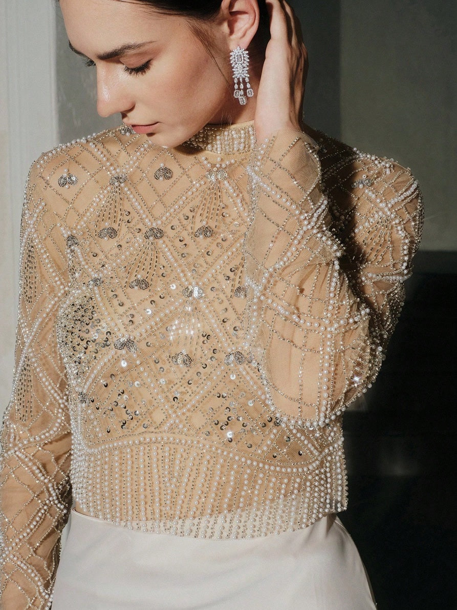 CM-TS587377 Women Elegant Seoul Style Stand Collar Long Sleeve Handmade Beaded Contrast Sequin Blouse - Apricot