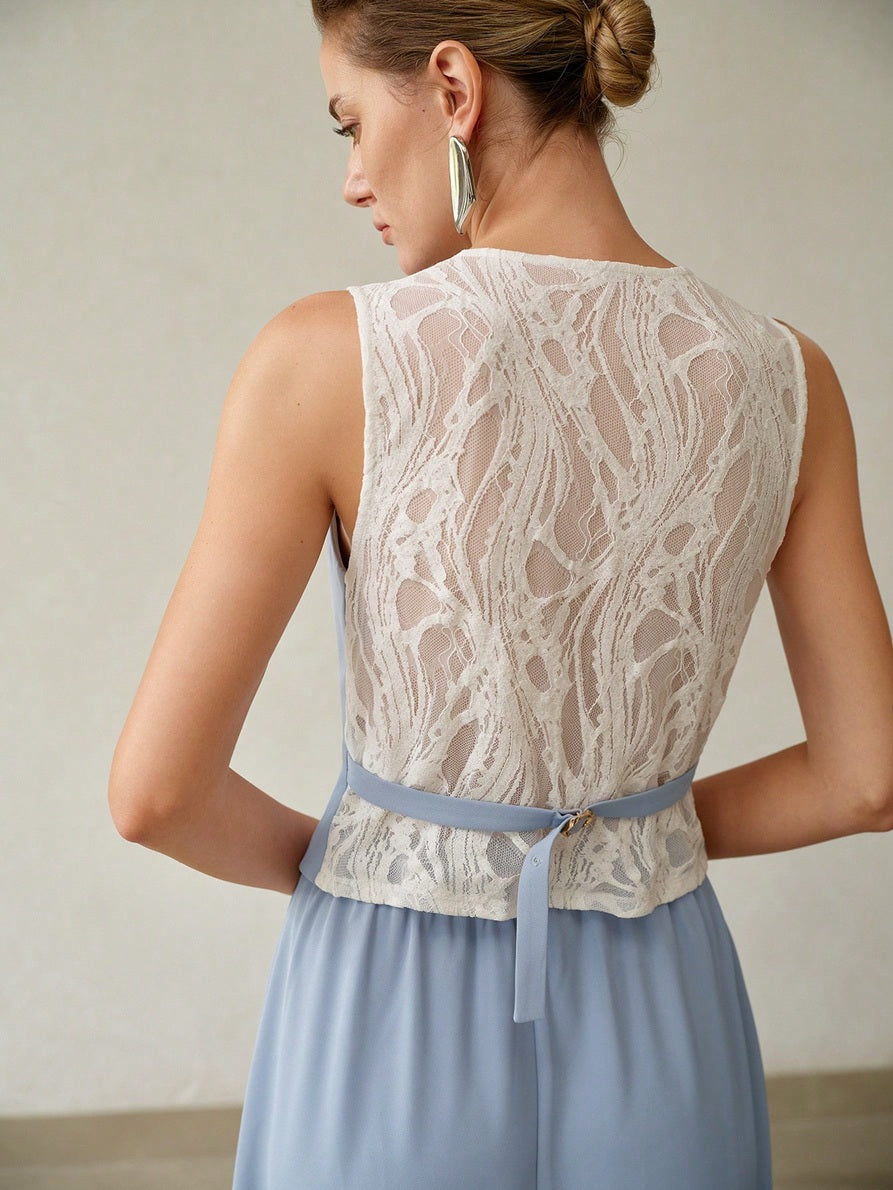CM-SS290413 Women Elegant Seoul Style V-Neck Sleeveless Contrast Lace Top With Midi Skirt - Set