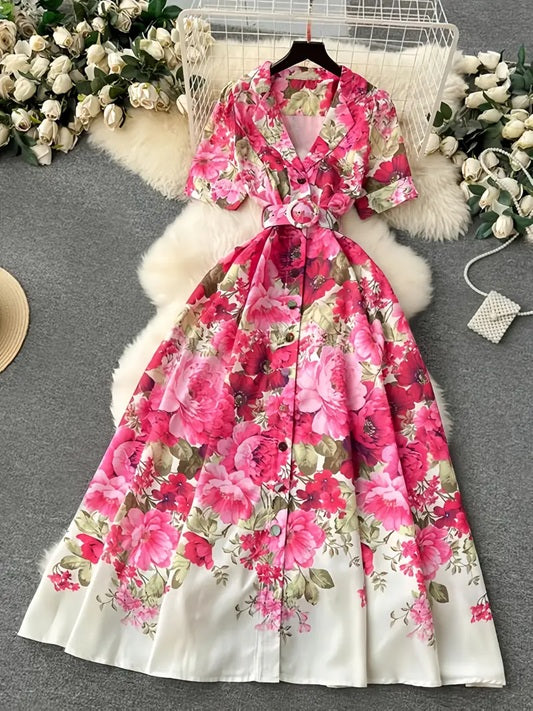 CM-DT968672 Women Casual Seoul Style Floral Printed Collar Neckline Short Sleeve Belted Dress