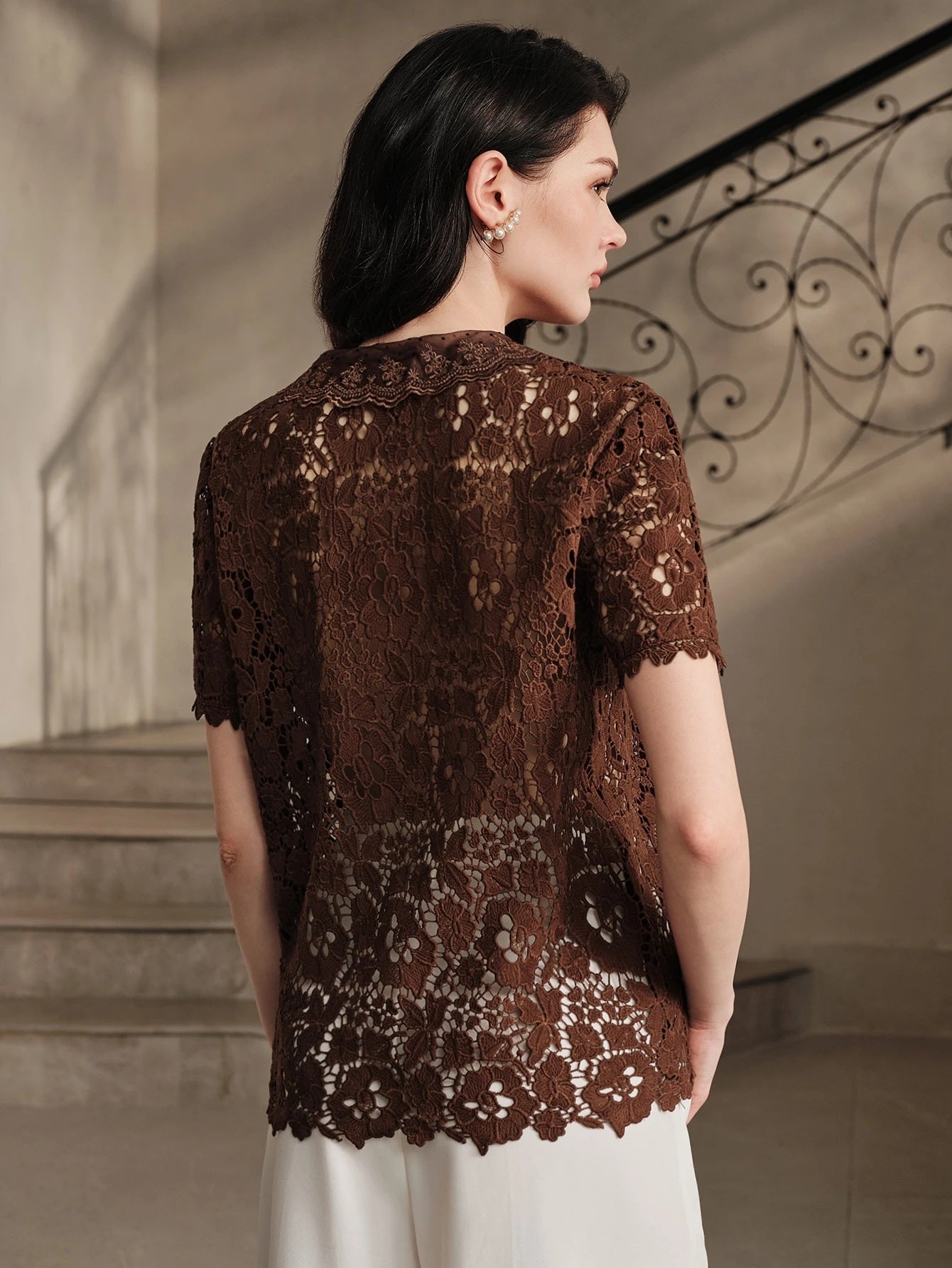 CM-TS966908 Women Elegant Seoul Style Hollow Lace Fabric Embroidery V-Neckline Short Sleeve Top - Coffee Brown