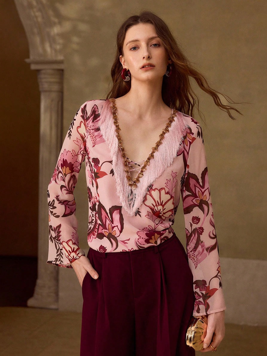 CM-TS811501 Women Trendy Bohemian Style V-Neck Flare Sleeve Floral Print Sequin Detail Tassel Top