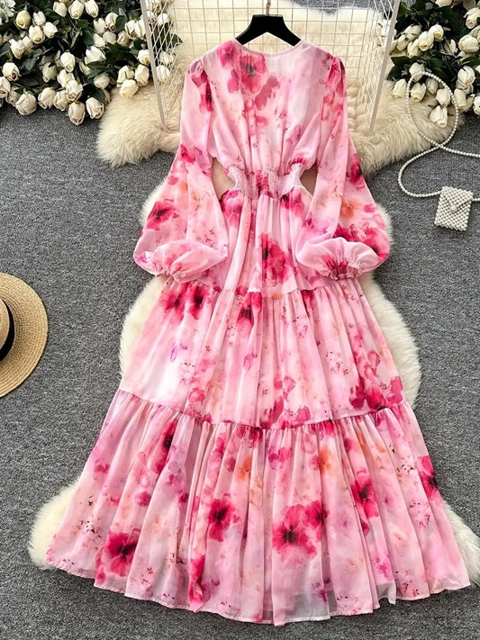 CM-DT346357 Women Trendy Bohemian Style Floral Print V-Neck Long Sleeve Maxi Dress - Pink
