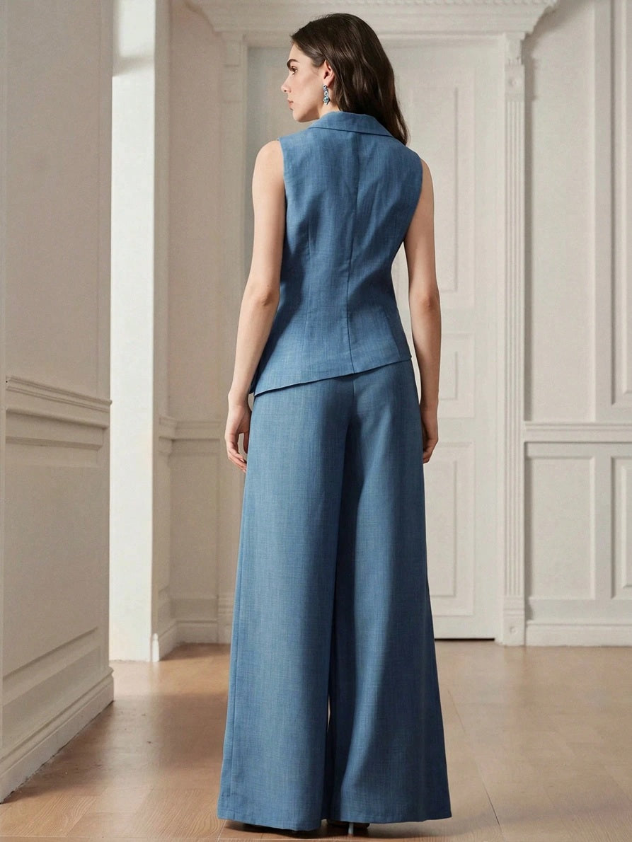 CM-SS917104 Women Elegant Seoul Style V-Neck Sleeveless Vest Top With Loose Wide Leg Pants - Set