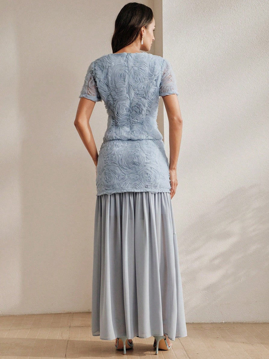 CM-SS102582 Women Elegant Seoul Style Round Neck Puff Sleeve 3D Rose Beaded Top With Mesh Patchwork Skirt - Set