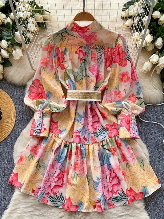 CM-DT726427 Women Elegant Seoul Style Stand Collar Long Sleeve Floral Print Peplum Short Dress