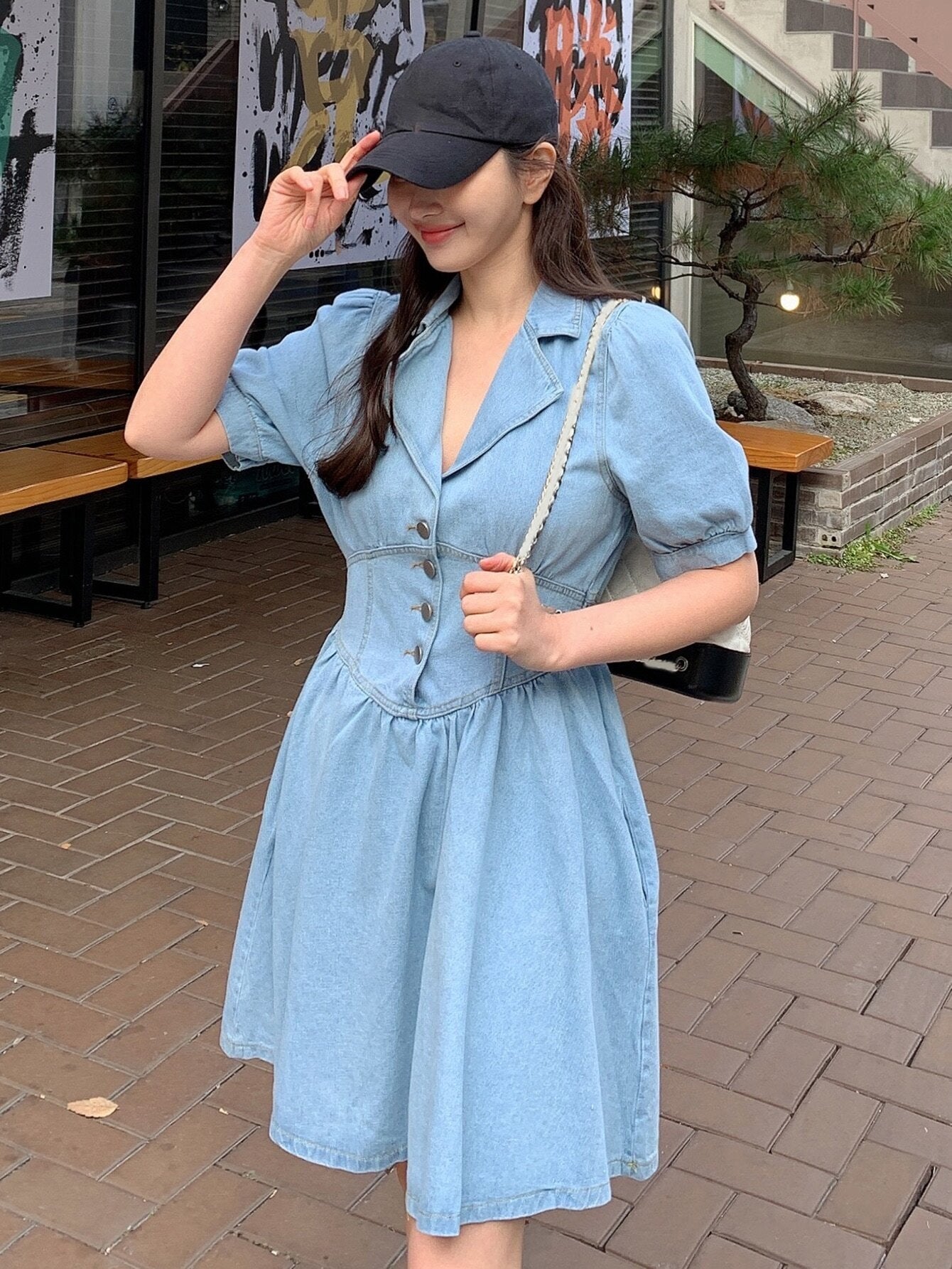 CM-DS727770 Women Casual Seoul Style Lapel Collar Puff Sleeve Button Front Shirt Denim Dress