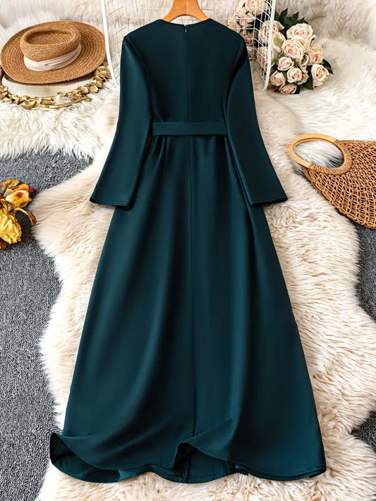CM-DT708348 Women Elegant Seoul Style V-Neck Long Sleeve Ruched Waist Bow Detail A-Line Midi Dress
