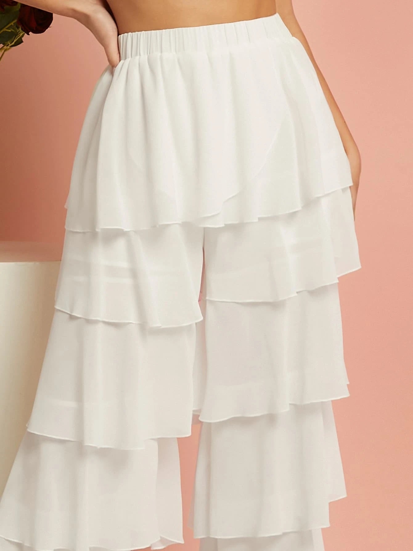 CM-BS281741 Women Trendy Bohemian Style High Waist Layer Hem Chiffon Pants - White