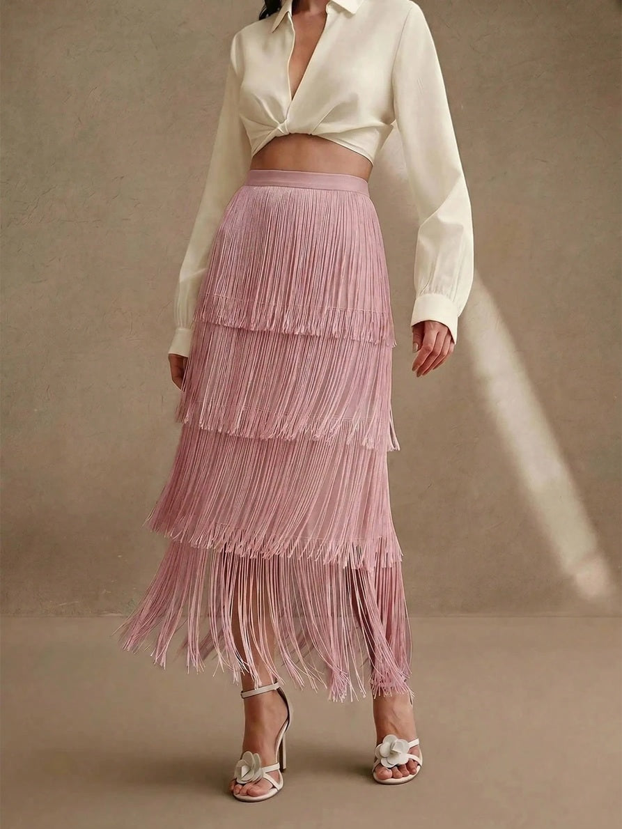 CM-BS707440 Women Elegant Seoul Style High Waist Tiered Layered Tassel Midi Skirt - Pink
