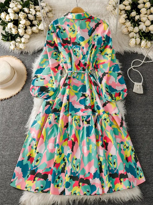 CM-DT291127 Women Casual Seoul Style Turn Collar Lantern Sleeve Asymmetrical Floral Print Shirt Dress