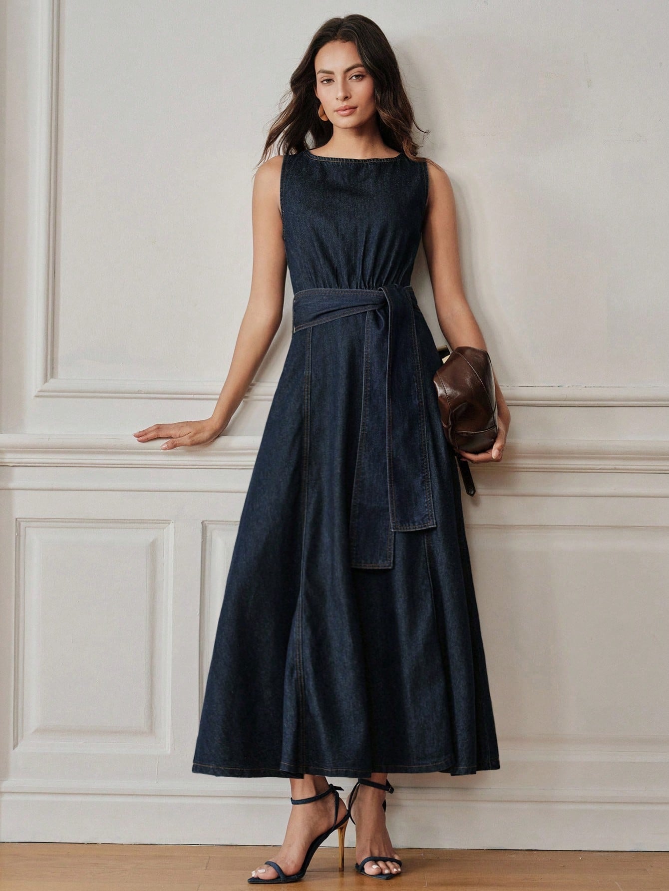CM-DS406448 Women Elegant Seoul Style Round Neck Sleeveless Belted A-Line Denim Dress - Blue