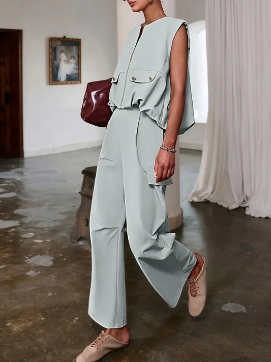 CM-ST460904 Women Elegant Seoul Style Solid Color Sleeveless V-Neck Button Details Drawstring Vest With Pants - Set