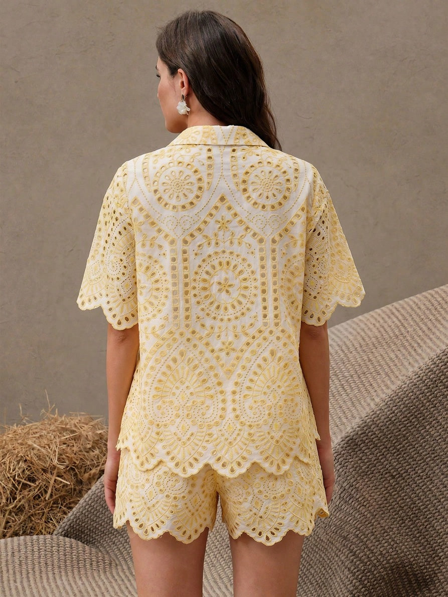 CM-SS778544 Women Trendy Bohemian Style Embroidered Hollow Out Short Sleeve Collared Shirt With Shorts - Set