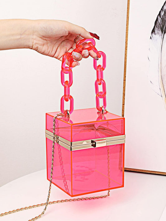 CM-BGS353491 Women Trendy Seoul Style Mini Box Bag Clear Chain Strap - Pink