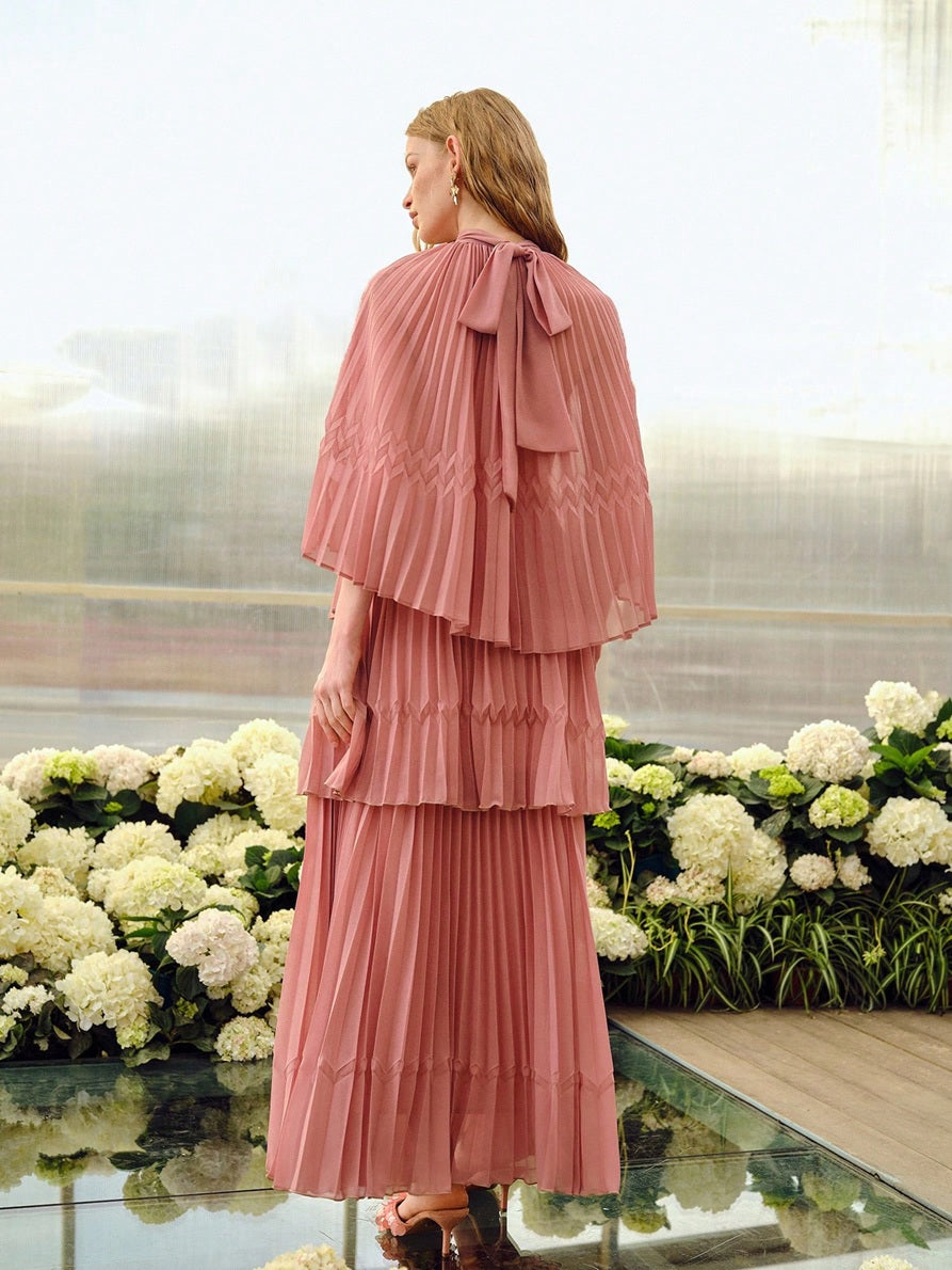 CM-SS994342 Women Elegant Seoul Style Pleated Mock Neck Tie Batwing Sleeve Top With Long Skirt - Set