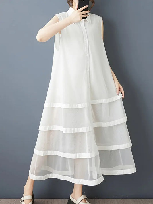CM-DT033674 Women Casual Seoul Style Collar Neckline Button Front Sleeveless A-Line Shirt Dress - White