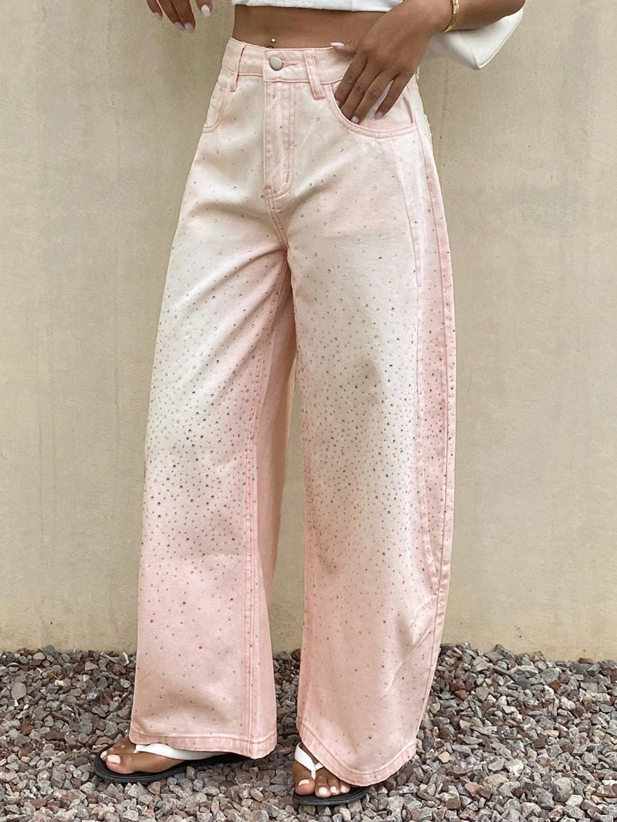 CM-BS344032 Women Casual Seoul Style Rhinestone Curved Leg Loose Long Denim Pants - Pink