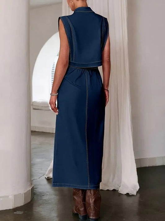 CM-ST361154 Women Elegant Seoul Style Solid Color Sleeveless Front Button Top With Half Skirt - Set