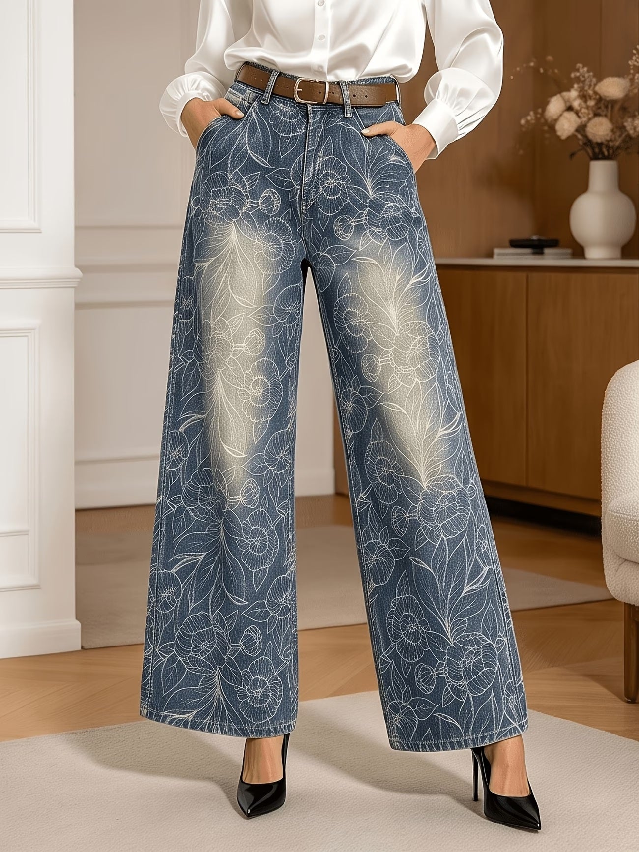 CM-BT636983 Women Casual Seoul Style Medium Wash Mid Waist Floral Jacquard Wide-Leg Jeans