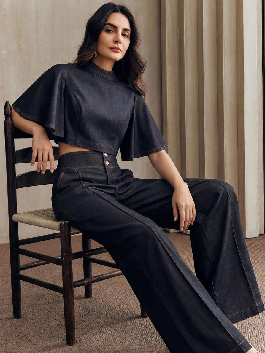 CM-SS444648 Women Elegant Seoul Style Short Sleeve Cape Colorblock Embroidered Top With High-Waist Wide-Leg Trousers - Set