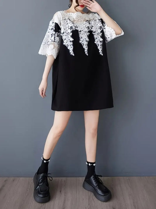 CM-DT662346 Women Casual Seoul Style Off the Shoulder Short Sleeve Hollow Contrast Lace Dress - Black