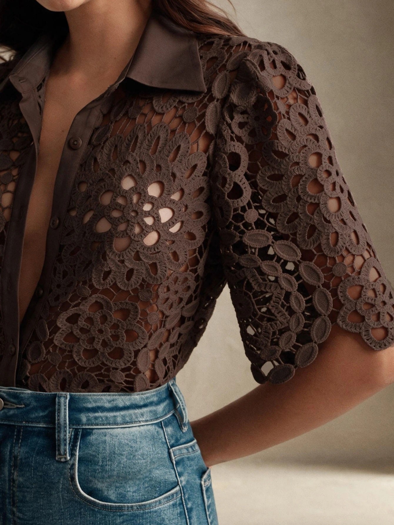 CM-TS770735 Women Casual Seoul Style Collar Neckline Half Sleeve Floral Hollow Out Lace Shirt Blouse - Coffee Brown