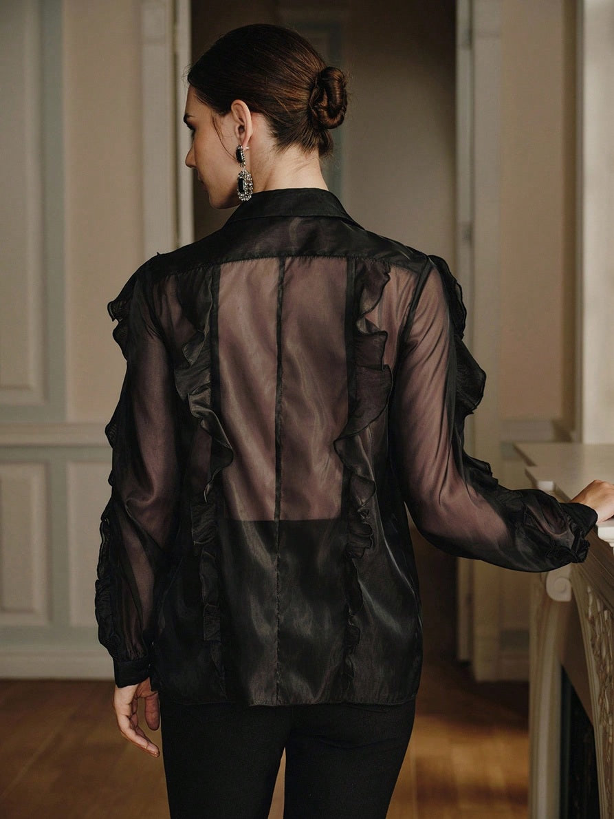 CM-TS616771 Women Elegant Seoul Style Chiffon Collar Neckline Long Sleeve Rhinestone Embellished Ruffle Blouse
