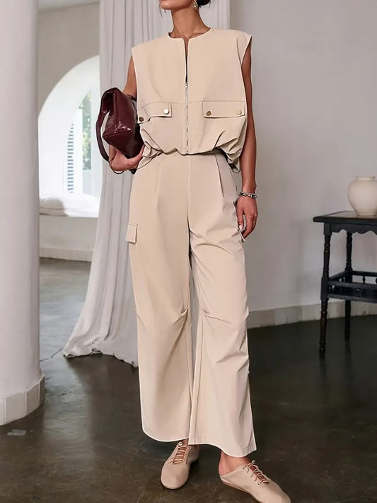 CM-ST460904 Women Elegant Seoul Style Solid Color Sleeveless V-Neck Button Details Drawstring Vest With Pants - Set