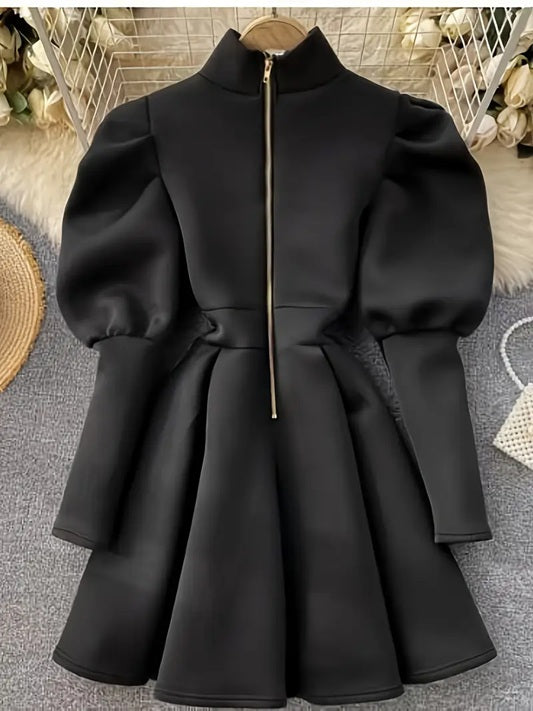 CM-DT523748 Women Elegant Seoul Style Stand-Up Collar Long Sleeve Flared Hem A-Line Short Dress - Black